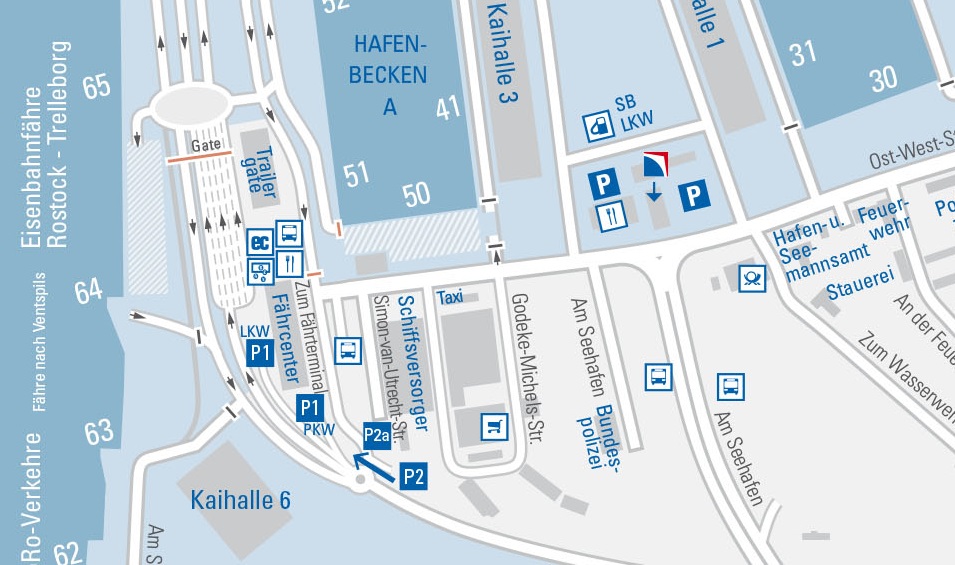Übersichts- und Straßenkarte der ausgewiesenen Parkplatzflächen im Seehafen.