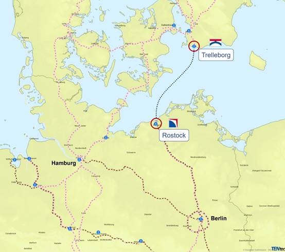 Verkehrswegekarte mit dem markierten Routenverlauf von Trelleborg über Rostock bis nach Berlin.