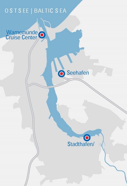 Map of Rostock showing the Warnemünde Cruise Center, seaport, and city harbor