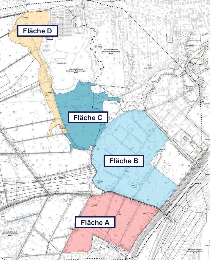 A site plan showing four colour-coded and labelled areas (A–D) in the Diedrichshäger Moor project.