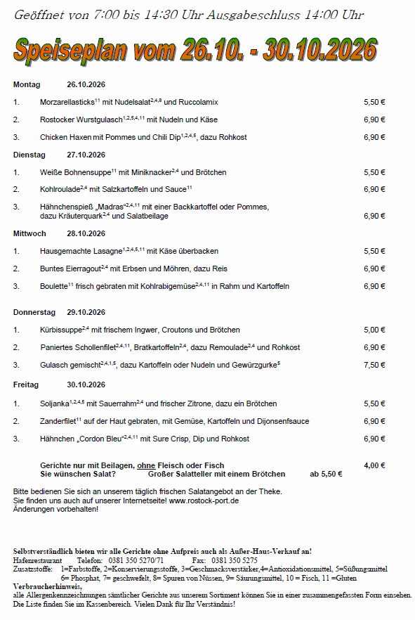 Speiseplan aus der 44. Kalenderwoche 2026