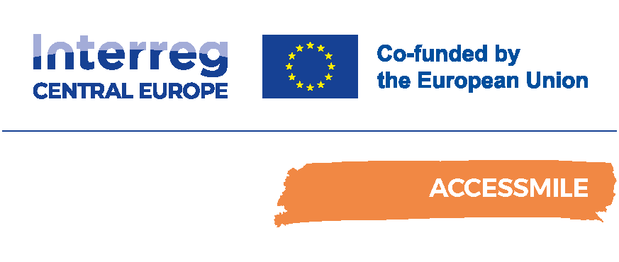 Das offizielle Logo des Förderprogramms „Interreg Central Europe“ mit dem Co-Finanzierungshinweis der Europäischen Union. Darunter befindet sich das Logo des Projekts „Accessmile“.
