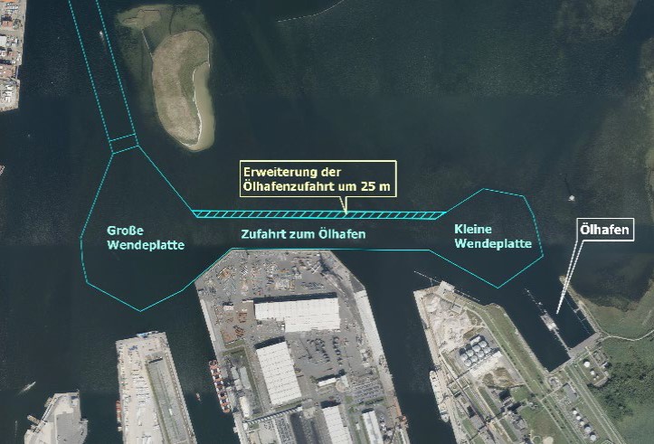 Luftaufnahme mit Skizzen des erreichten Fortschrittes während der Seekanalvertiefung im Übseehafen Rostock.